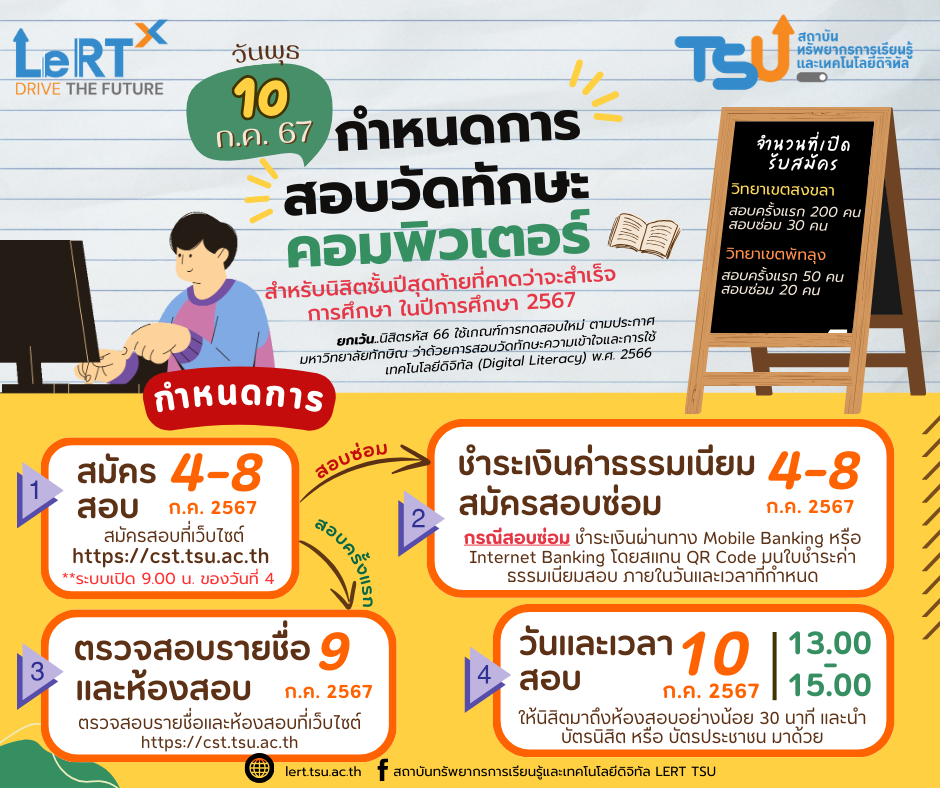 กำหนดการสอบวัดทักษะคอมพิวเตอร์ รอบวันที่ 10 กรกฎาคม 2567