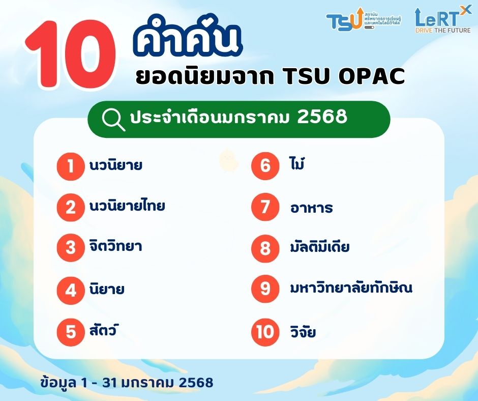 เผยคำค้นสุดฮิต ของผู้ใช้บริการสืบค้นทรัพยากรฯ ผ่านระบบ TSU OPAC ประจำเดือนมกราคม 2568