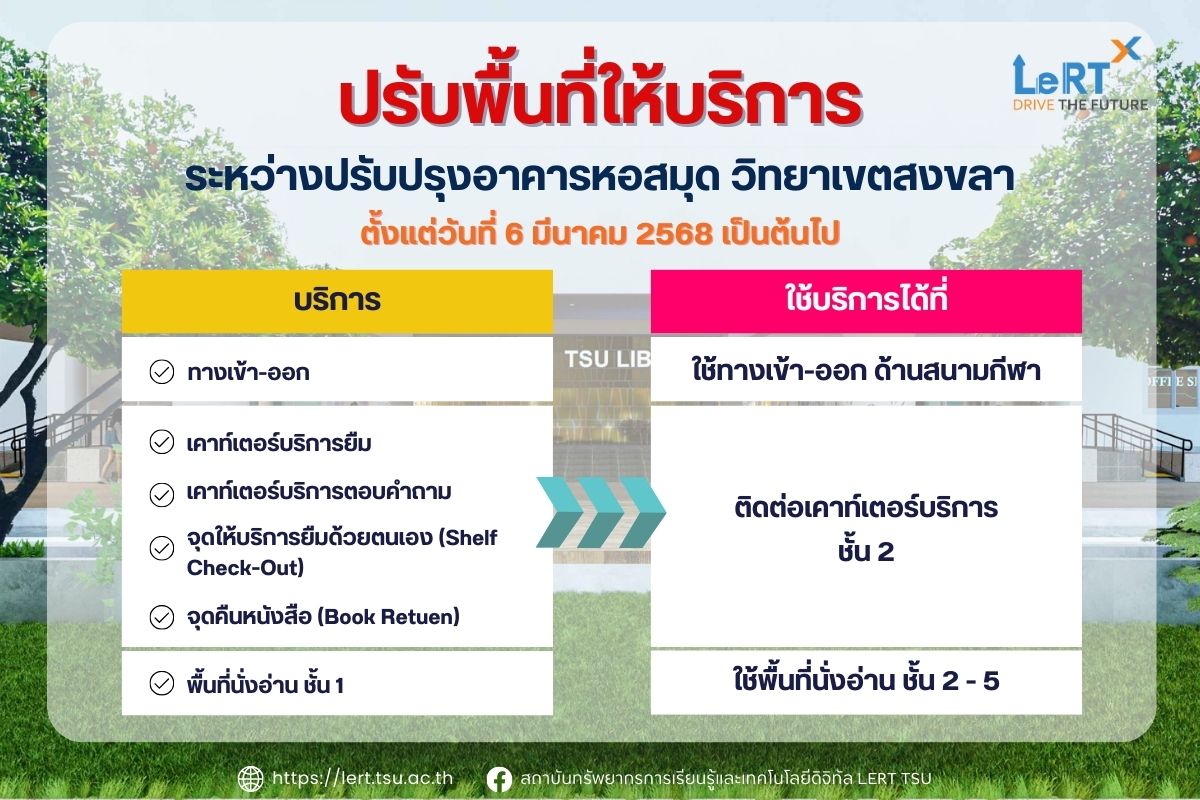 แจ้ง !! ปรับพื้นที่ให้บริการ ระหว่างปรับปรุง ชั้น 1 อาคารหอสมุด วิทยาเขตสงขลา