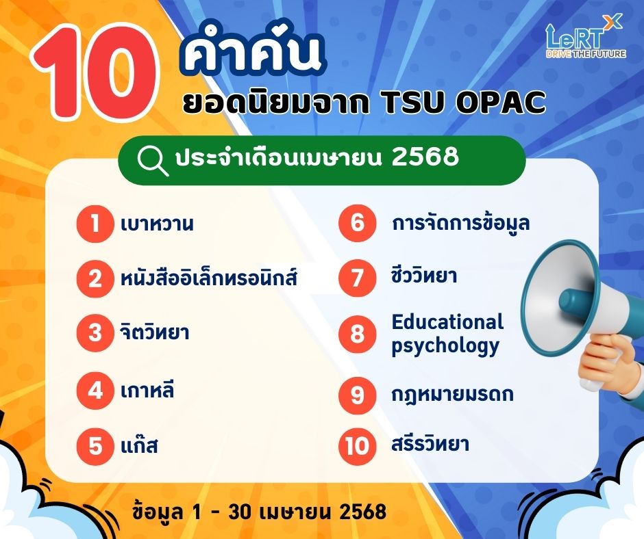 เผยคำค้นสุดฮิต ของผู้ใช้บริการสืบค้นทรัพยากรฯ ผ่านระบบ TSU OPAC ประจำเดือนเมษายน 2568