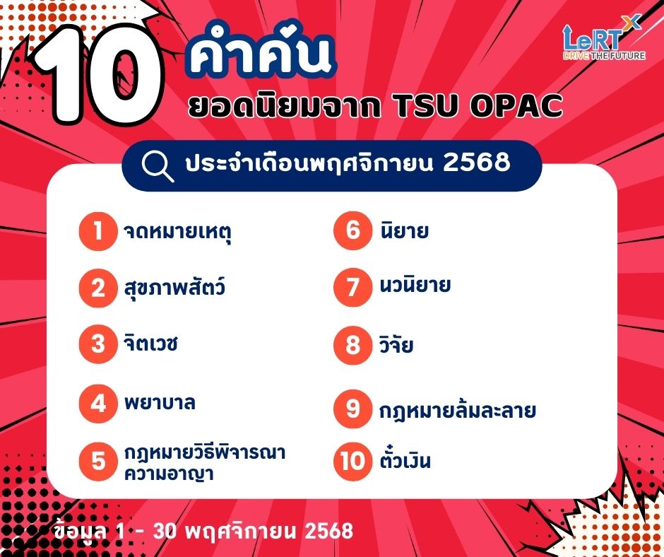 เผยคำค้นสุดฮิต ของผู้ใช้บริการสืบค้นทรัพยากรฯ ผ่านระบบ TSU OPAC ค้นหาอะไรบ้าง ประจำเดือนพฤศจิกายน 2568